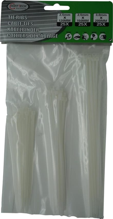 Hofftech Kabelbinders set - 75 stuks - wit - diverse maten - sterk en duurzaam