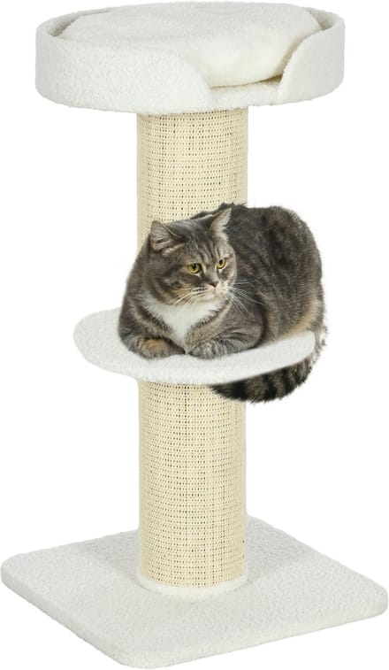 PawHut-Kratzbaum-Spanplatte, Lammwolle-45L x 45B x 91H cm-Cremeweiß