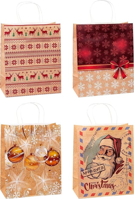 Kerst Kraftpapier Cadeauzakjes - 12 Stuks, Groot formaat