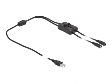 USB-A - 2x DC plug splitter | 5,5 x 2,1mm | max. 5V/3A (15W) | schakelaars | zwart | 1 meter