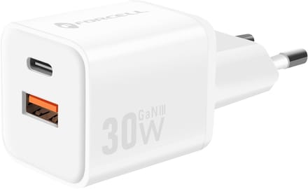 Forcell, GaN III Oplader 30W - USB-C + USB-A Poort - Mini Formaat, Wit