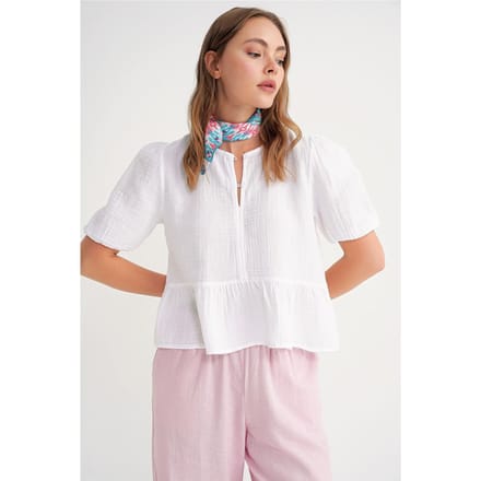 Gestructureerde Mousseline Blouse met Ronde Hals en Knopenclosure