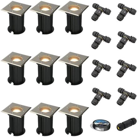 Set van 9 Ramsay LED Grondspot - Dimbaar - Vierkant - GU10 - 4W 345lm - 2700K warm wit - RVS - IP67 waterdicht - Tuinspot - Oprit - Inclusief installatiemateriaal (Kabel & connector)