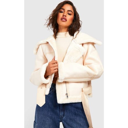 boohoo Dames Gebonden namaak bont PU Aviator | Creme | Maat: 40