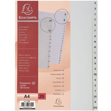 Exacompta Tabbladen met bedrukte tabs in gerecycled PP - 20 tabs - A tot Z - A4 - Grijs - 1720E