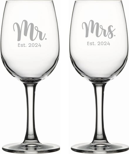Gegraveerde set witte wijnglazen 26cl Mr. Est. 2024 - Mrs. Est. 2024
