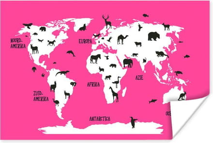 Wereldkaart Kinderen - Dieren - Roze - 30x20 cm - Poster