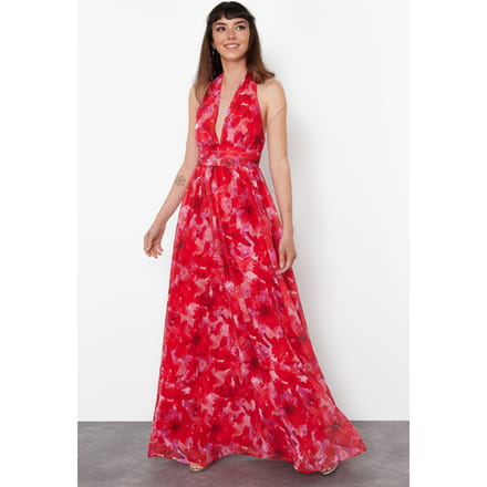 Damesjurk met bloemenprint, spaghettibandjes, slim fit, geschikt voor afstuderen/gala