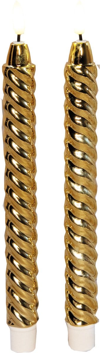Anna's Collection LED dinerkaarsen - 2x st - goud - glimmend - 25 cm - swirl - 3D vlam