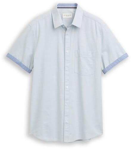Tom Tailor - Regular fit overhemd met korte mouwen en borstzak - Maat M - light blue structure