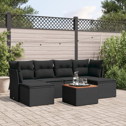 vidaXL - 7-delige - Loungeset - met - kussens - poly - rattan - zwart