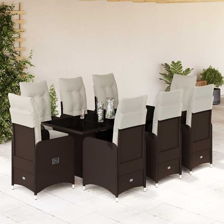 vidaXL - 9-delige - Bistroset - met - kussens - poly - rattan - bruin