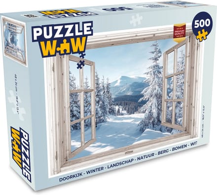 Puzzel Doorkijk - Winter - Landschap - Natuur - Berg - Bomen - Wit - Legpuzzel - Puzzel 500 stukjes