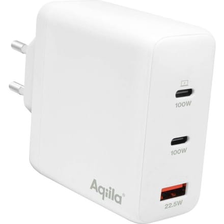 Aqiila USB oplader, 120W, USB-C Adapter, Snellader GaN, PD Power Delivery Quick Charge, PPS, 2x USB-C, 1x USB-A, 100-240V, Chargebird W4 Wit