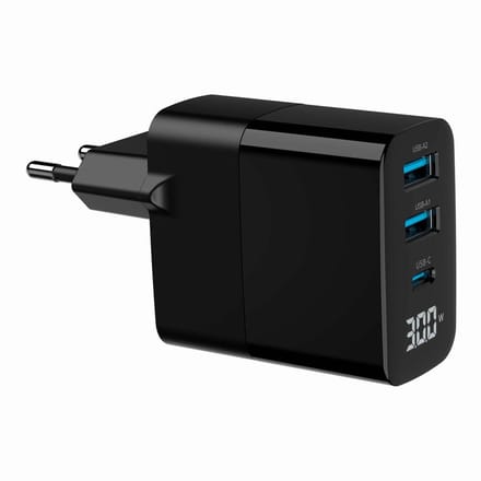 Gembird GaN USB Snellader - 3-Poorts Universele Oplader - USB-C en 2x USB-A 30W