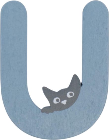 Houten Letter U Blauw met Kat | 9 cm