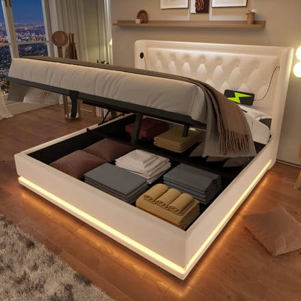 REDOM Opbergbed 160x200 cm – PU – Hydraulisch – 3-zijdige LED & USB/Type-C – Wit – 300 kg
