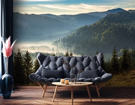 Fotobehang - Bergen - Bomen - Mist - Landschap - Vliesbehang - (254 x 184 cm)