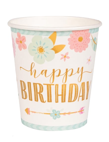 AMSCAN - 8 Boho kartonnen bekers 250 ml happy birthday