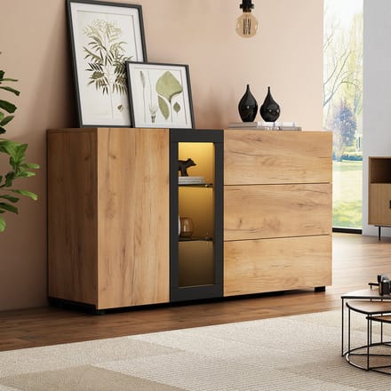 Pugsdrly Dressoir, modern dressoir, dressoir met 3 laden, bijzetconsole met opberg- en vitrinekast, breedte 140 cm