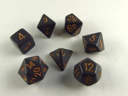 Chessex dobbelstenen set, 7 polydice, Opaque dark grey w/copper