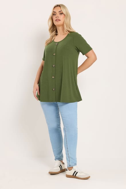 Yours Kaki Groene Geribbelde Swingtop Met Knoopsluiting Aan De Voorkant Size 44