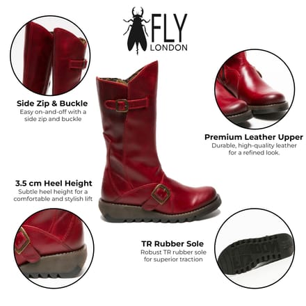 Fly London Dames Rode MES 2 Wedge Heel Buckle Mid-Calf Leren Zip Platform Laarzen