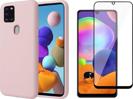 Hoesje geschikt voor Samsung Galaxy A21s - Liquid Siliconen Case Roze + Screen Protector Full