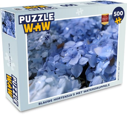 Puzzel Blauwe hortensia's met waterdruppels - Legpuzzel - Puzzel 500 stukjes