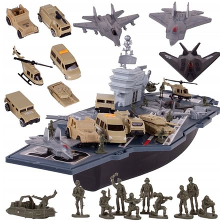 Ilso speelgoed militaire basis vliegdekschip - 3 straaljagers - 4 militaire voertuigen - tanker - helikopter