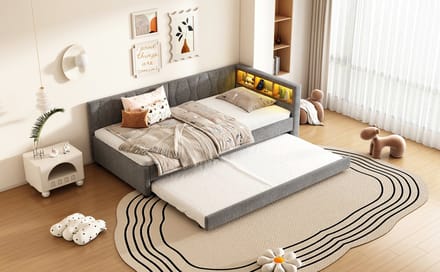 Dagbed - 90x200 Cm Grijs Met Uitschuifbaar Bed, Ledstrip, Usb+Type-C En Opbergvakken