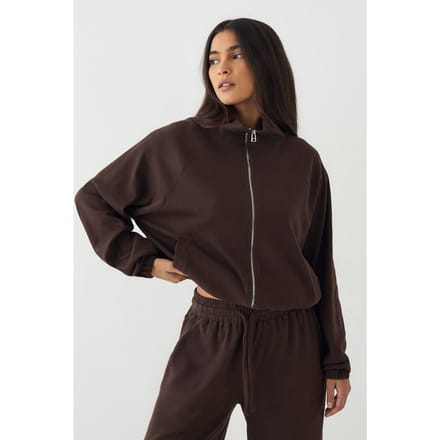 Dames DSGN Studio Geribbelde Doorritsbomber met Tunnelhals | Dark Chocolate | Maat: XL