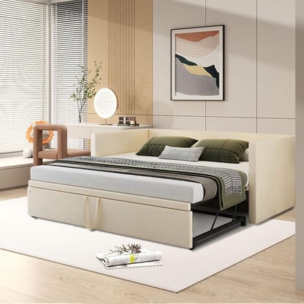 Dagbed Bankbed - Uittrekbed Eenpersoonsbed - Multifunctioneel Slapen - Zelfde Hoogte - 90/180x200cm - beige 2