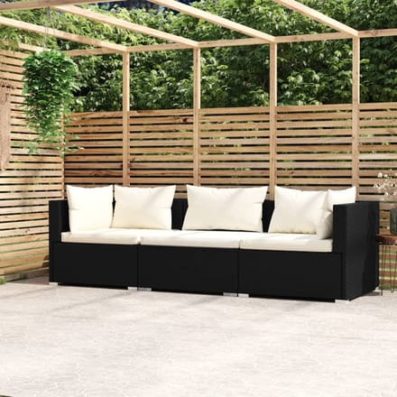 vidaXL - Driezitsbank - met - kussens - poly - rattan - zwart