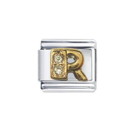 Schakel Bedel - Letter R - met strass - 9mm- Passend op Italiaanse Bedelarmband - Plated