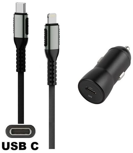 OneOne auto snellader + 0,5m OneOne USB C naar Lightning kabel. 20W lader. Universele autolader adapter past op Apple iPhone 5, iPhone 5c, iPhone 5s, iPhone 6, iPhone 6 Plus, iPhone 6s, iPhone 7, iPhone 7 Plus, iPhone 8, iPhone 8 Plus
