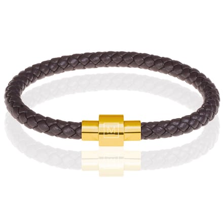 Memphis armband leer met edelstaal Donkerbruin Goudkleurig-20cm