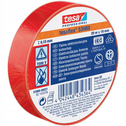 Tesa PVC Isolatietape Rood 19mm x 20m - Sterk & Flexibel