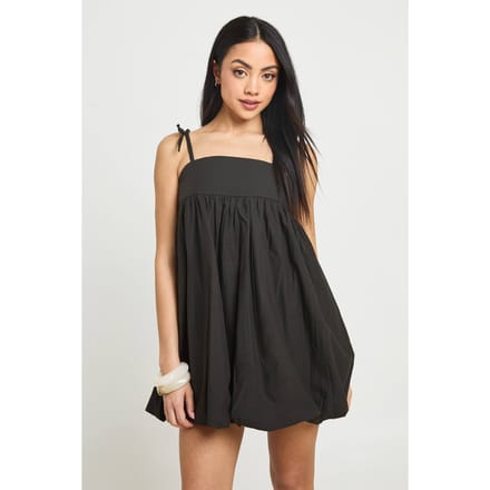 boohoo Dames Katoenen Popeline Pofbal Mini Jurk | Zwart | Maat: 42