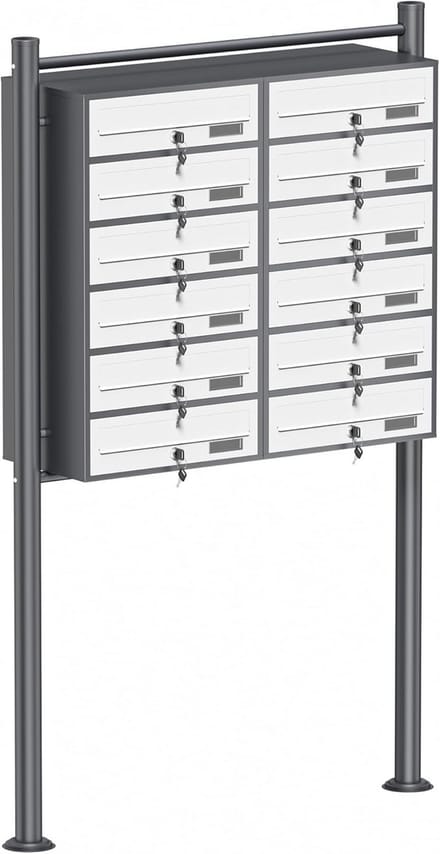 Mailbox systeem met 12 brievenbussen en standaardbasis, gepoedercoat in antraciet-wit