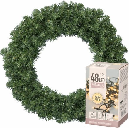 Decoris Kerstkrans groen - 35 cm diameter - verlichting warm wit - 48 lampjes