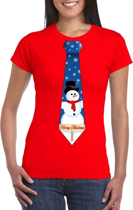 Rood kerst T-shirt voor dames - Sneeuwpoppen stropdas print M