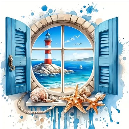 nr 547 Diamond Painting vuurtoren strand schelpen 20x20cm (rond)