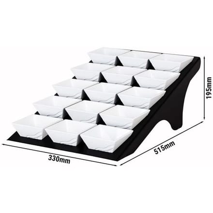 GGM Gastro Buffetstandaard - zwart gecoat RVS & melamine - rechthoekig - 330x515mm - Hoogte: 195mm - incl. 15 melamineschaaltjes 90x90mm zwart