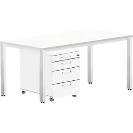 Complete set BEXXSTAR: Bureautafel B 1600 x D 800 mm - poot van vierkante buis + verrijdbaar ladeblok - wit
