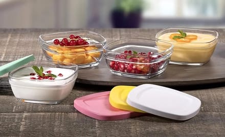 Gekleurde glazen bewaarbakjes met deksel (pudding voorraadpot) 310ml - 4 stuks