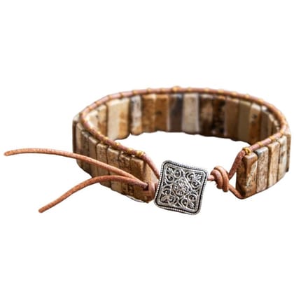 Marama - armband Desert Stones - lichtbruin leer - bruine jaspis edelstenen - 20 cm.