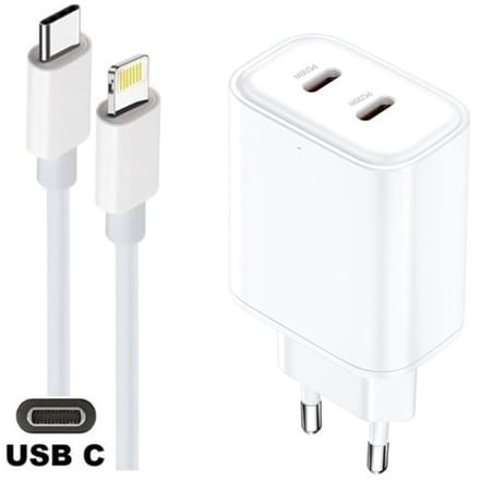 OneOne 35W snellader met 2 poorten USB C en USB C + 0,95m USB C naar Lightning kabel. Witte PD lader. Oplader adapter past op iPhone 8 t/m iPhone 14