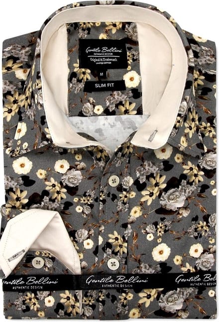 Heren Overhemd - Slim Fit - Spring Floral Satijn - Grijs - Maat M