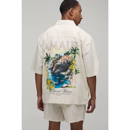 Oversized Shirt Met Korte Mouwen En Relaxed Short Met Locatieprint | Natural | Size Medium